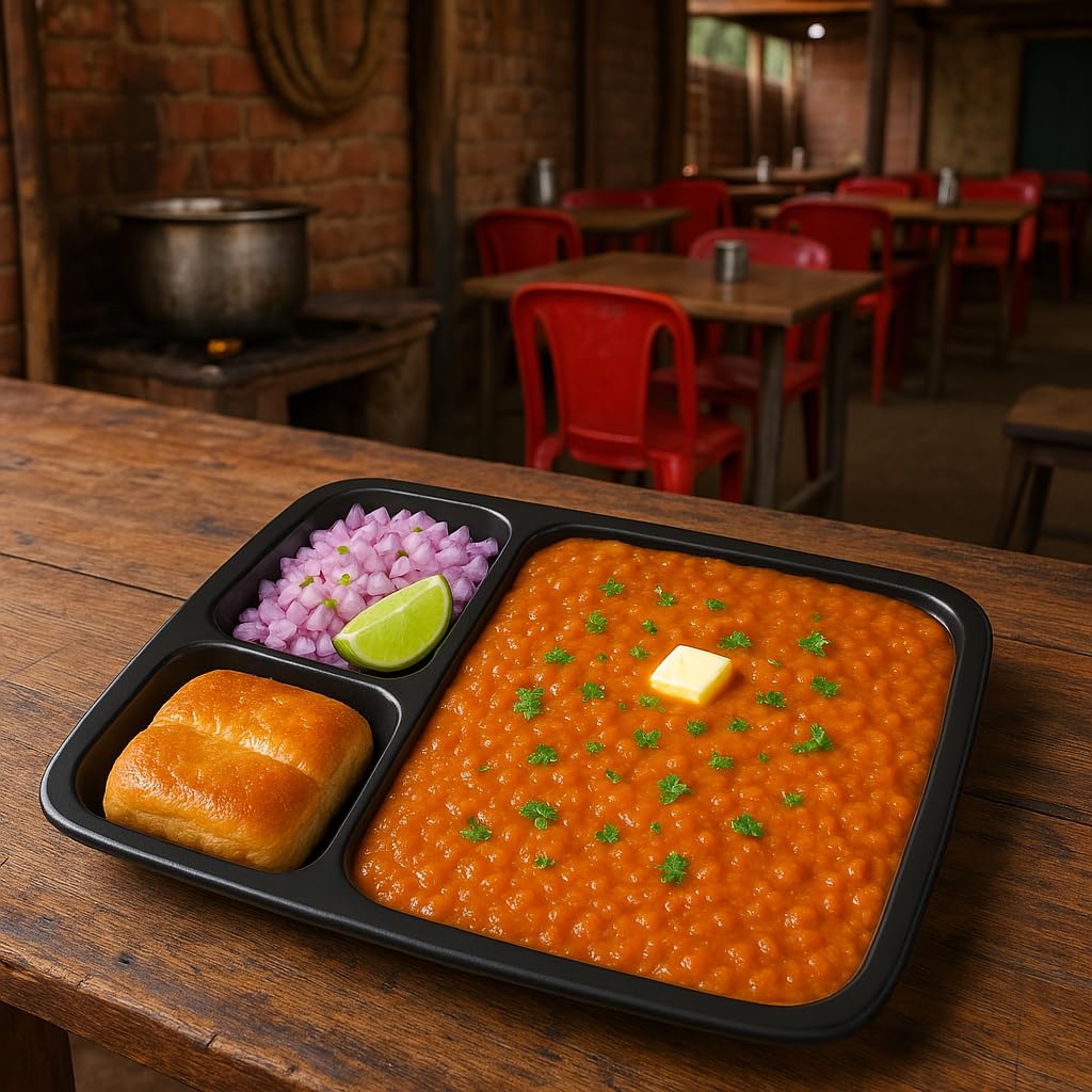 GURUBHAI EQUIPMENTS Melamine Pav Bhaji Plate – Set of 6 Durable Break-Resistant 3-Section Tray for Serving Pav Bhaji, Snacks, Chutneys | Easy-to-Clean Compartment Plate for Restaurants & Home
