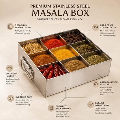 GURUBHAI EQUIPMENTS Stainless Steel Masala Peti 9 Compartments Spice Box Masala Dabba Kitchen Storage Container