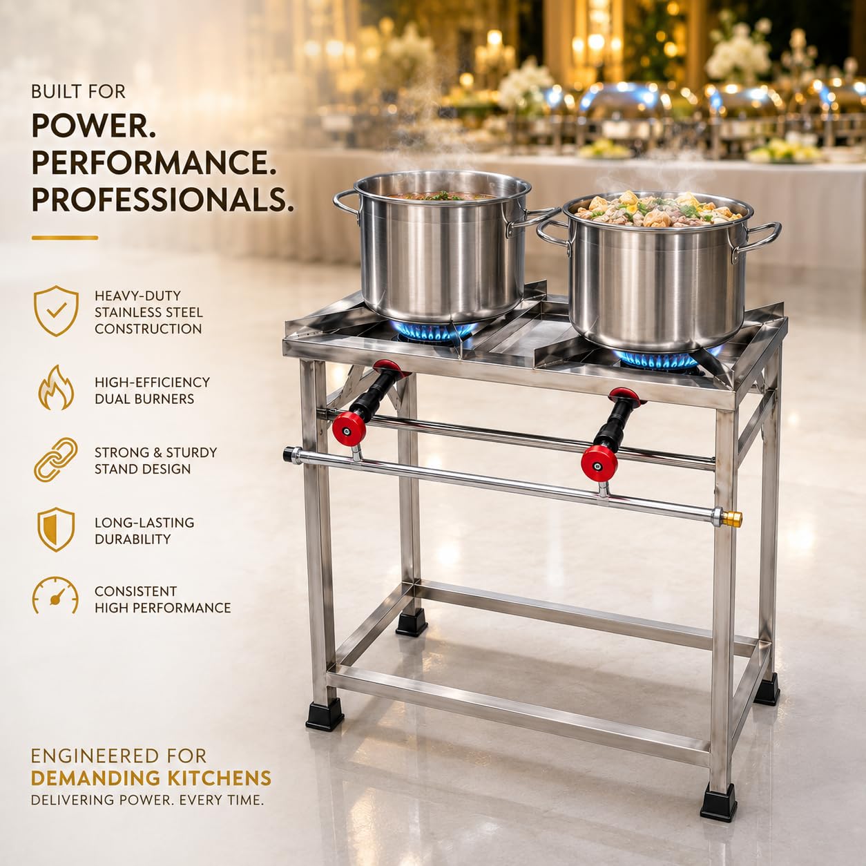 Gurubhai Equipments 2-Burner Stainless Steel Gas Stove | Commercial Heavy-Duty Cooking Range with Cast Iron Burners & Sturdy Frame | Ideal for Hotels, Restaurants & Outdoor Catering