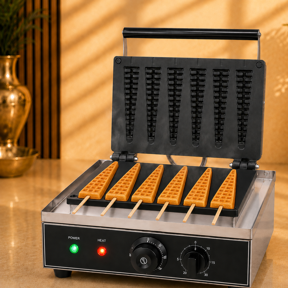 Commercial 6-Lolly Electric Waffle Maker with Timer & Temperature Control 16x38 - product view 2