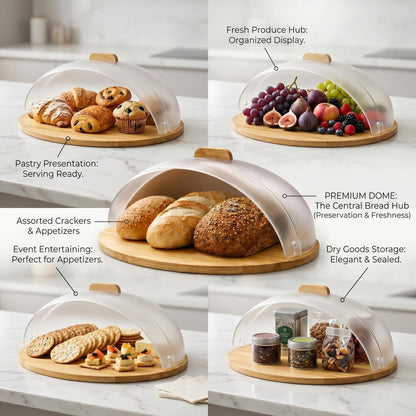 GURUBHAI EQUIPMENTS Roll Top Bread Box for Kitchen Countertop | Large Bread Storage Bin with Smooth Sliding Lid Keeps Bread Fresh | Modern Bread Box for Cafes & Bakeries (BREAD-BSKT-RND-WOOD-LID)