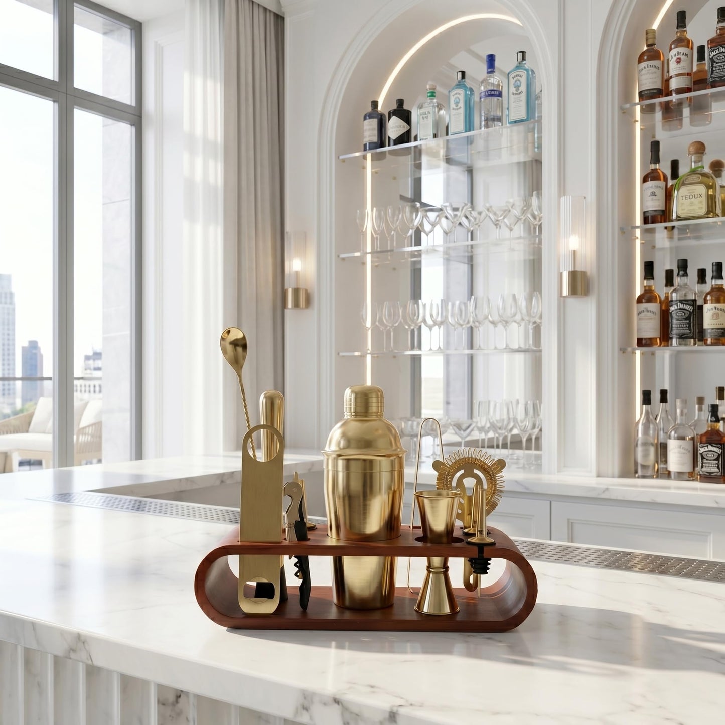 Gurubhai Equipments Cocktail Shaker Set with Wooden Stand Professional Bar Tool Kit Martini Shaker Bartender Set for Home Bar Party Cocktail Mixing