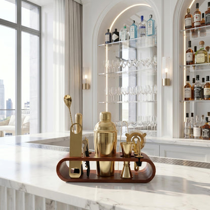 Gurubhai Equipments Cocktail Shaker Set with Wooden Stand Professional Bar Tool Kit Martini Shaker Bartender Set for Home Bar Party Cocktail Mixing