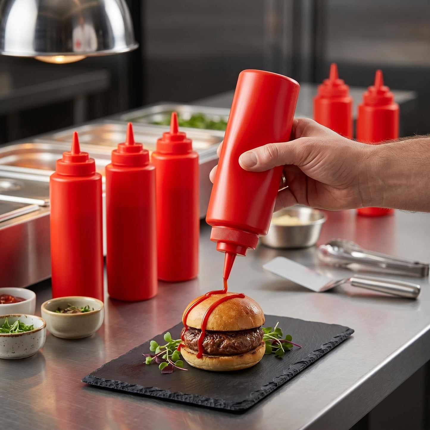 GURUBHAI EQUIPMENTS Ketchup Sauce Bottles | Commercial Squeeze Dispensers for Restaurants, Hotels, Cafeterias & Home Use | Reusable Plastic Bottle for Tomato Sauce, Chutney