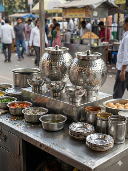 Gurubhai Equipments Hammered Stainless Steel Pani Puri Matka Set – 2 Water Matkas & 3 Serving Bowls