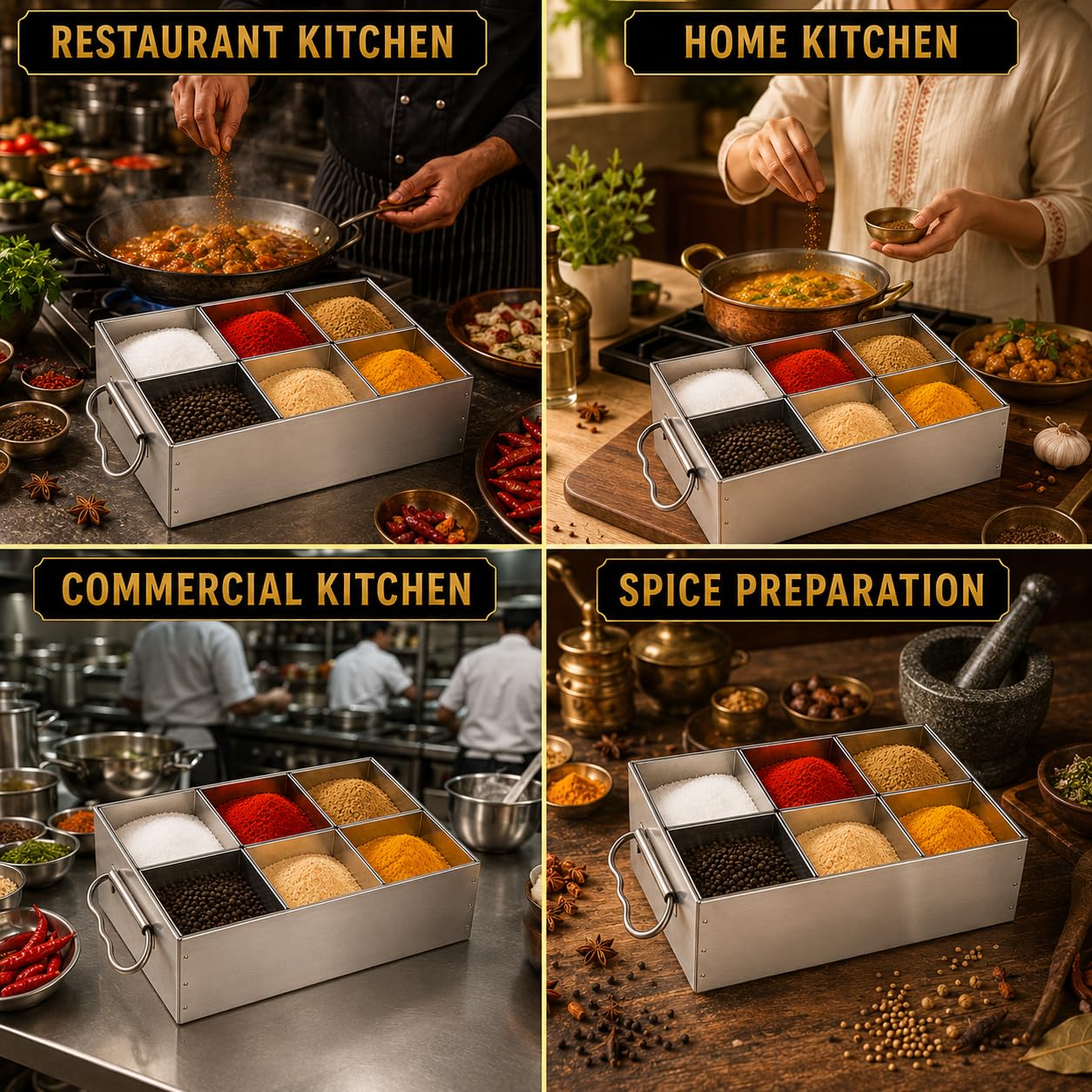 GURUBHAI EQUIPMENTS Stainless Steel Masala Peti | Compartments Spice Box | Masala Container | Spice Box for Kitchen, Restaurant & Hotel use