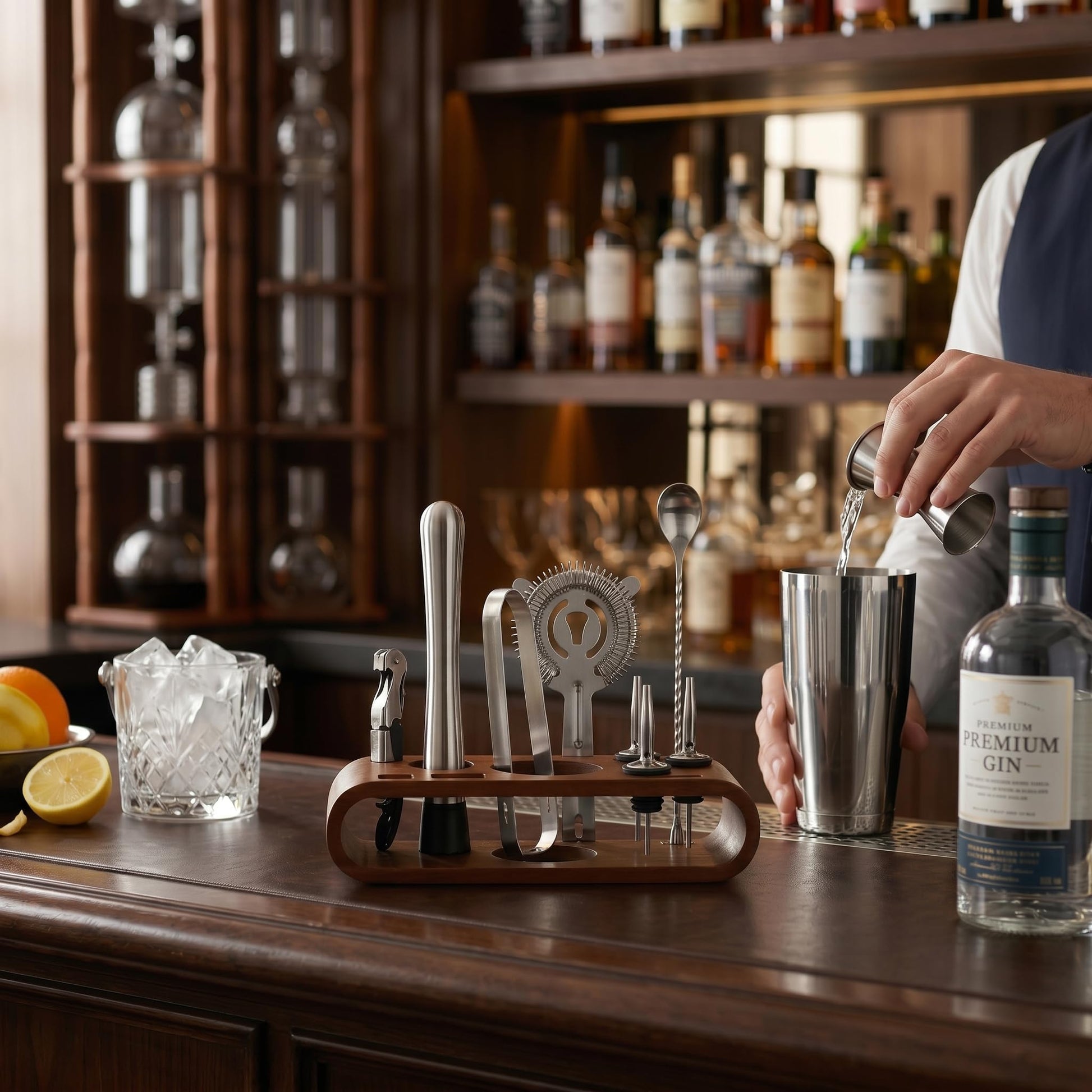 Gurubhai Equipments Cocktail Shaker Set with Wooden Stand Professional Bar Tool Kit Martini Shaker Bartender Set for Home Bar Party Cocktail Mixing