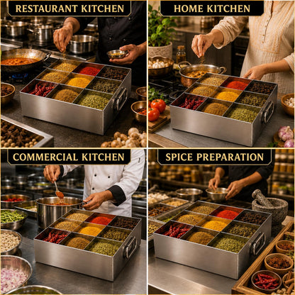GURUBHAI EQUIPMENTS Stainless Steel Masala Peti | Compartments Spice Box | Masala Container | Spice Box for Kitchen, Restaurant & Hotel use