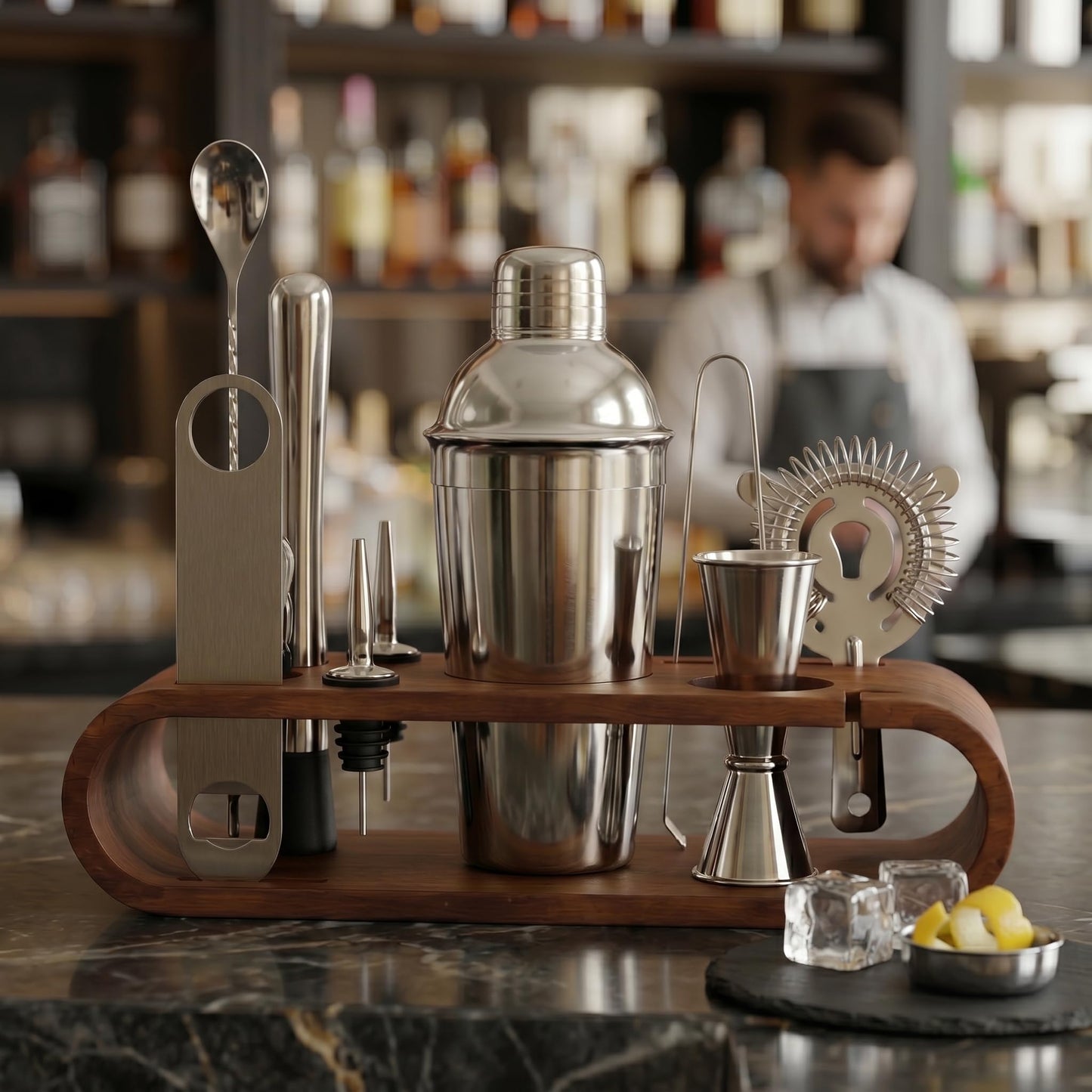 Gurubhai Equipments Cocktail Shaker Set with Wooden Stand Professional Bar Tool Kit Martini Shaker Bartender Set for Home Bar Party Cocktail Mixing