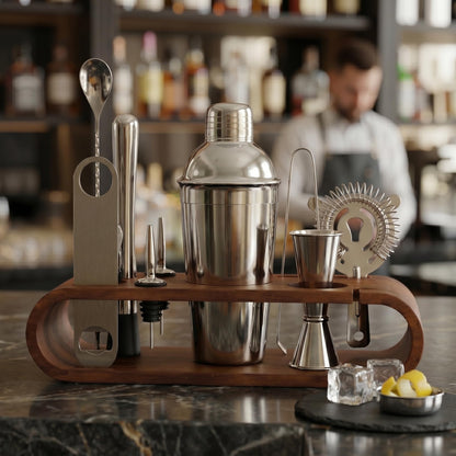 Gurubhai Equipments Cocktail Shaker Set with Wooden Stand Professional Bar Tool Kit Martini Shaker Bartender Set for Home Bar Party Cocktail Mixing (COCTL-Set-SLV)