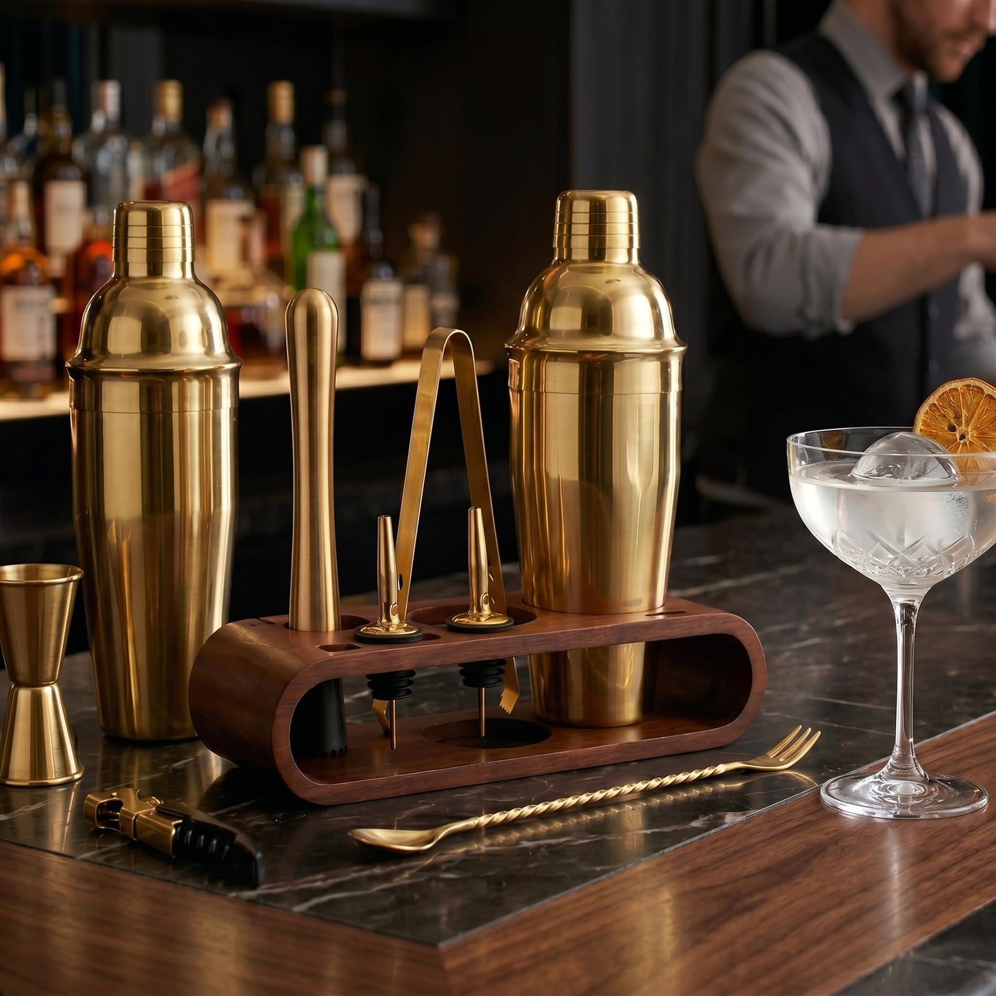 Gurubhai Equipments Cocktail Shaker Set with Wooden Stand Professional Bar Tool Kit Martini Shaker Bartender Set for Home Bar Party Cocktail Mixing