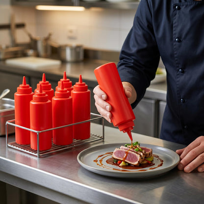 GURUBHAI EQUIPMENTS Ketchup Sauce Bottles | Commercial Squeeze Dispensers for Restaurants, Hotels, Cafeterias & Home Use | Reusable Plastic Bottle for Tomato Sauce, Chutney (SAUCE-BOTTLE-RED-1L-S6)