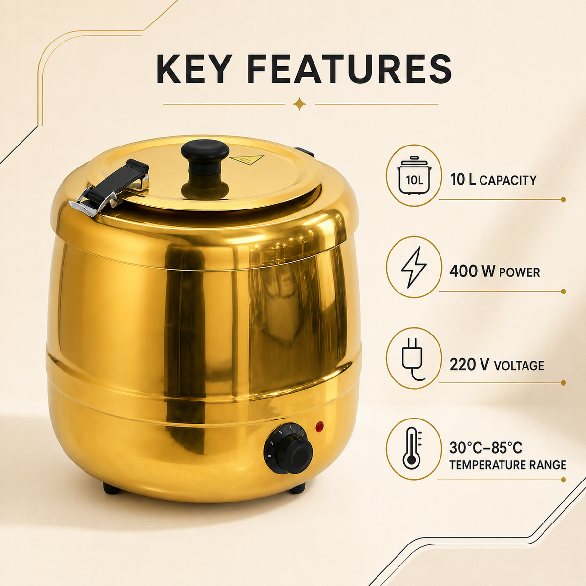 Golden Electric Soup Kettle Warmer / Soup Tureen – 10 Litre, 400 W - product view 5