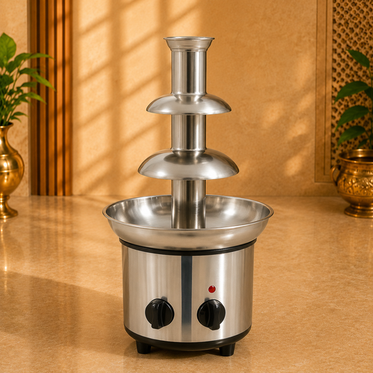Compact electric chocolate fountain with stainless steel tower — main product view