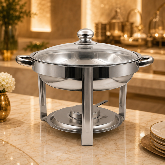 5 Litre Round Stainless Steel Chafing Dish with Glass Lid – Food Warmer