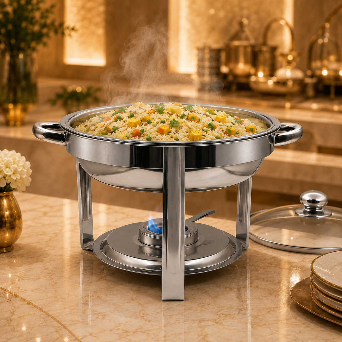 5 Litre Round Stainless Steel Chafing Dish with Glass Lid – Food Warmer - product view 2