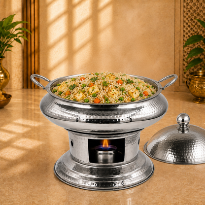 7 Litre Round Hammered Stainless Steel Chafing Dish with Lid – Food Warmer - product view 2