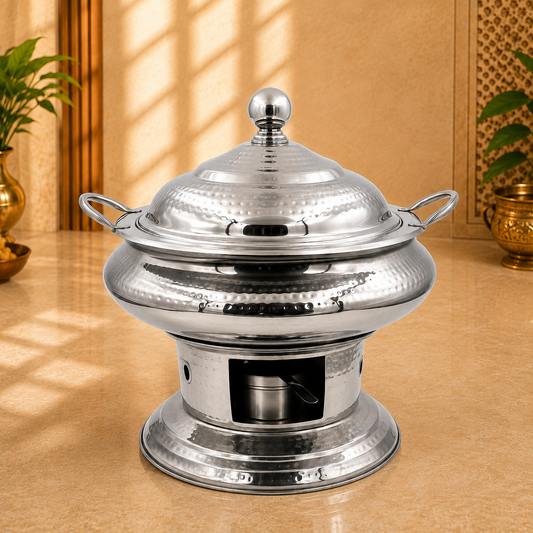 7 Litre Round Hammered Stainless Steel Chafing Dish with Lid – Food Warmer