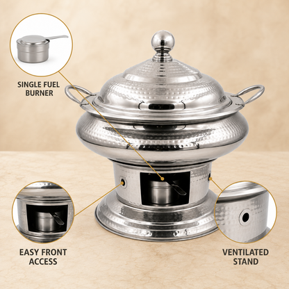 7 Litre Round Hammered Stainless Steel Chafing Dish with Lid – Food Warmer - product view 6