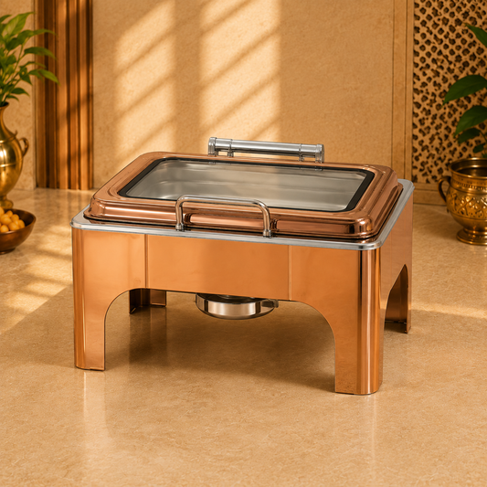 Rose Gold Rectangular Gas Chafing Dish with Hinged Glass Lid – 8 Litre