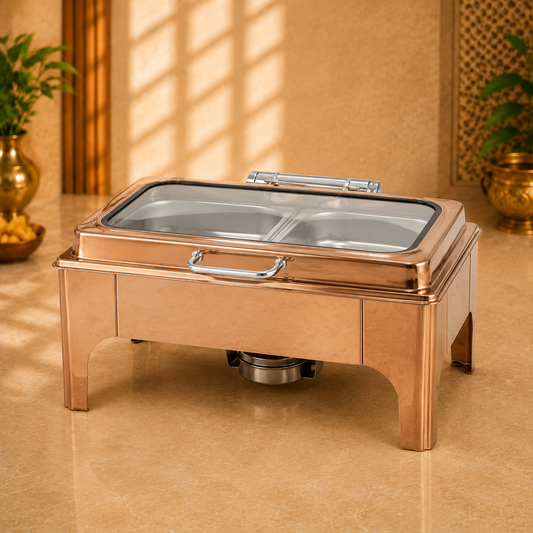 Golden Rectangular Gas Chafing Dish with Double Food Pans – 8 Litre