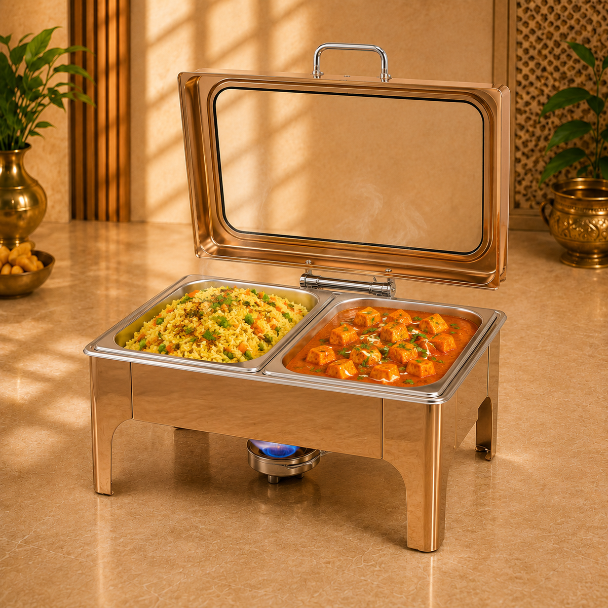Golden Rectangular Gas Chafing Dish with Double Food Pans – 8 Litre - product view 2