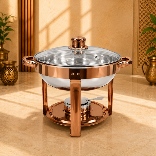 5 Litre Round Rose Gold Stainless Steel Chafing Dish with Glass Lid – Food Warmer