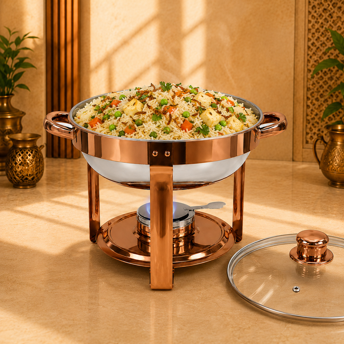 5 Litre Round Rose Gold Stainless Steel Chafing Dish with Glass Lid – Food Warmer - product view 2
