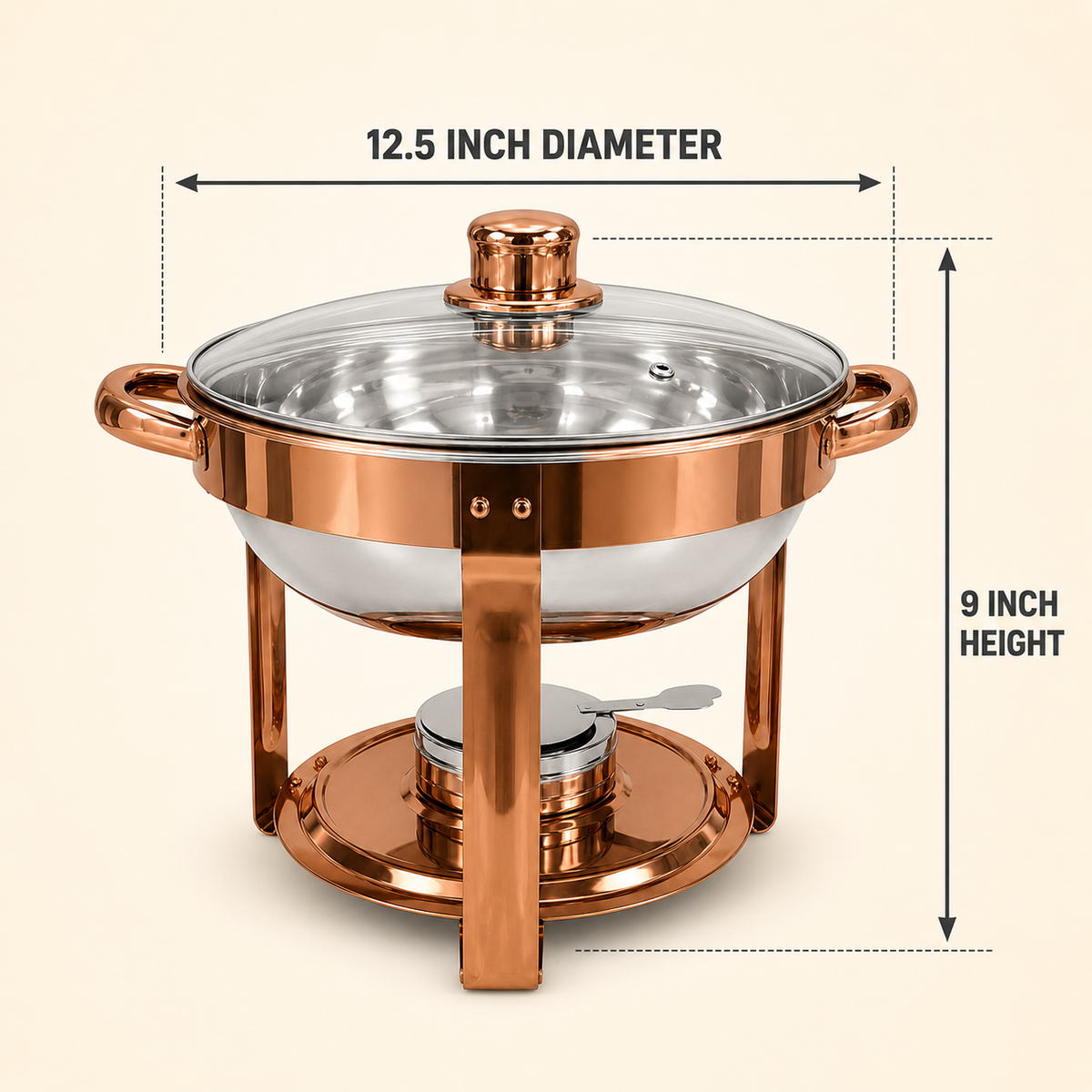 5 Litre Round Rose Gold Stainless Steel Chafing Dish with Glass Lid – Food Warmer - product view 3