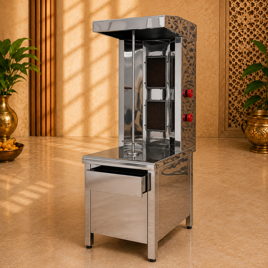 Standing Gas Shawarma Machine with Drawer – 2 Ujala Burners, 19 × 26 × 63 Inch