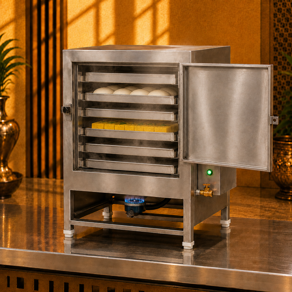 Commercial Idli Dhokla Steamer – 6 Trays, Gas + Electric - product view 2