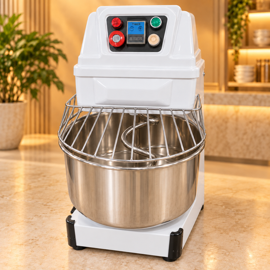 Commercial spiral dough mixer with safety guard — main product view