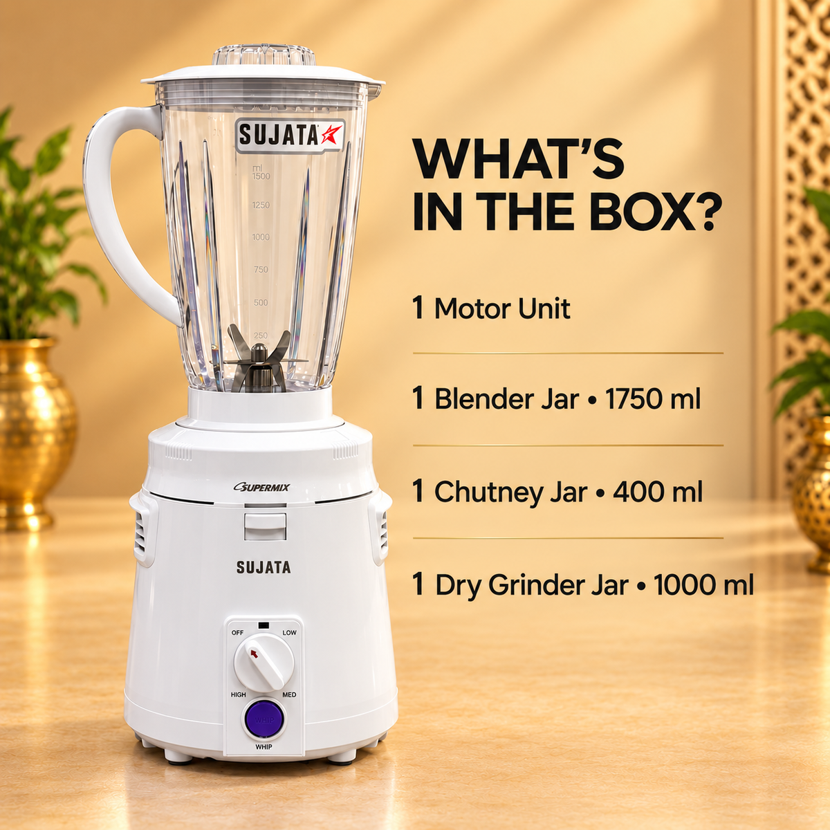 Gurubhai Equipments Sujata Supermix Mixer Grinder – 900 W – Dimensions