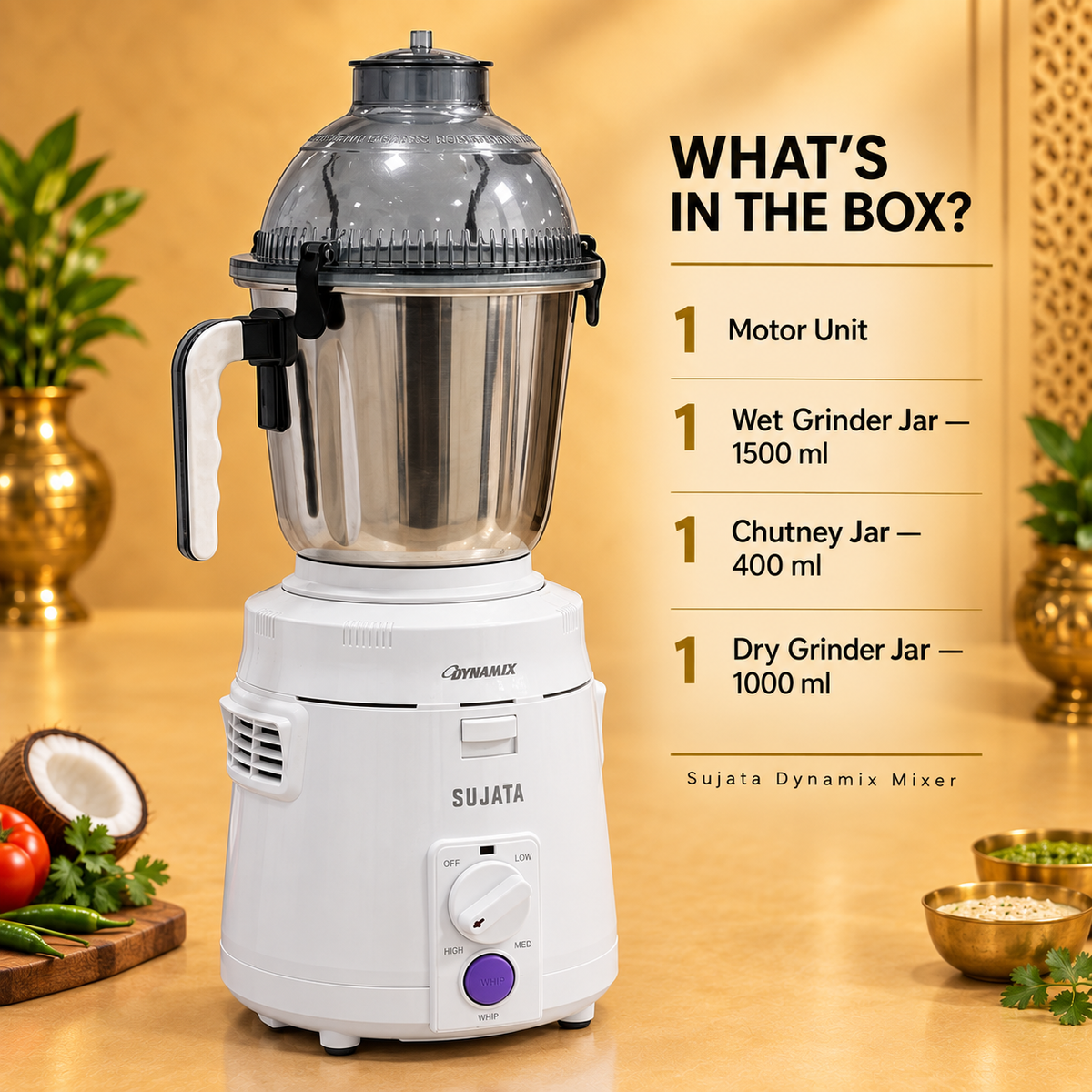 Gurubhai Equipments Sujata Dynamix Mixer Grinder – 900 W – Dimensions