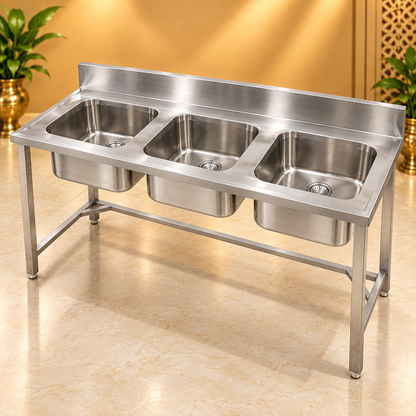 Gurubhai Equipments Three-Sink Commercial Unit – Front View