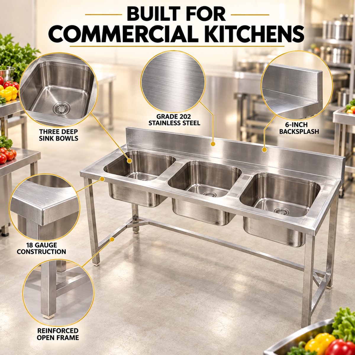 Gurubhai Equipments Three-Sink Commercial Unit – Dimensions