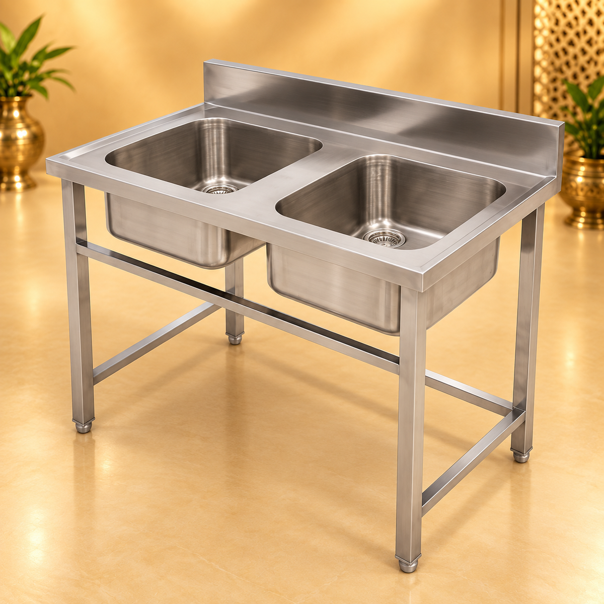 A stainless steel double-basin sink stand with a backplate and four legs, shown on a warm beige floor with decorative plants in the background.