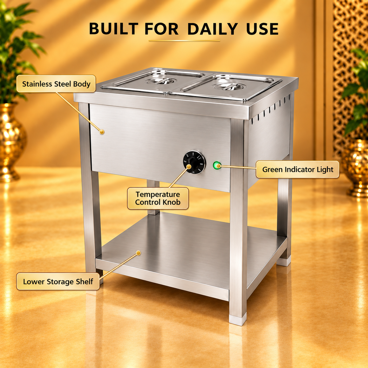 Gurubhai Equipments 2 GN 1/2 Pan Electric Bain Marie with Undershelf – Detail