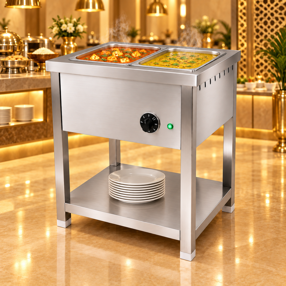 Gurubhai Equipments 2 GN 1/2 Pan Electric Bain Marie with Undershelf – In Use