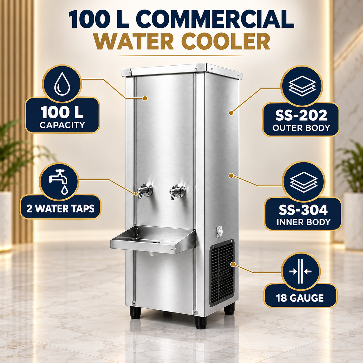 Gurubhai Equipments 100L Commercial Stainless Steel Water Cooler – Close-up