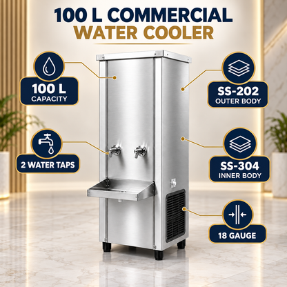 Gurubhai Equipments 100L Commercial Stainless Steel Water Cooler – Close-up