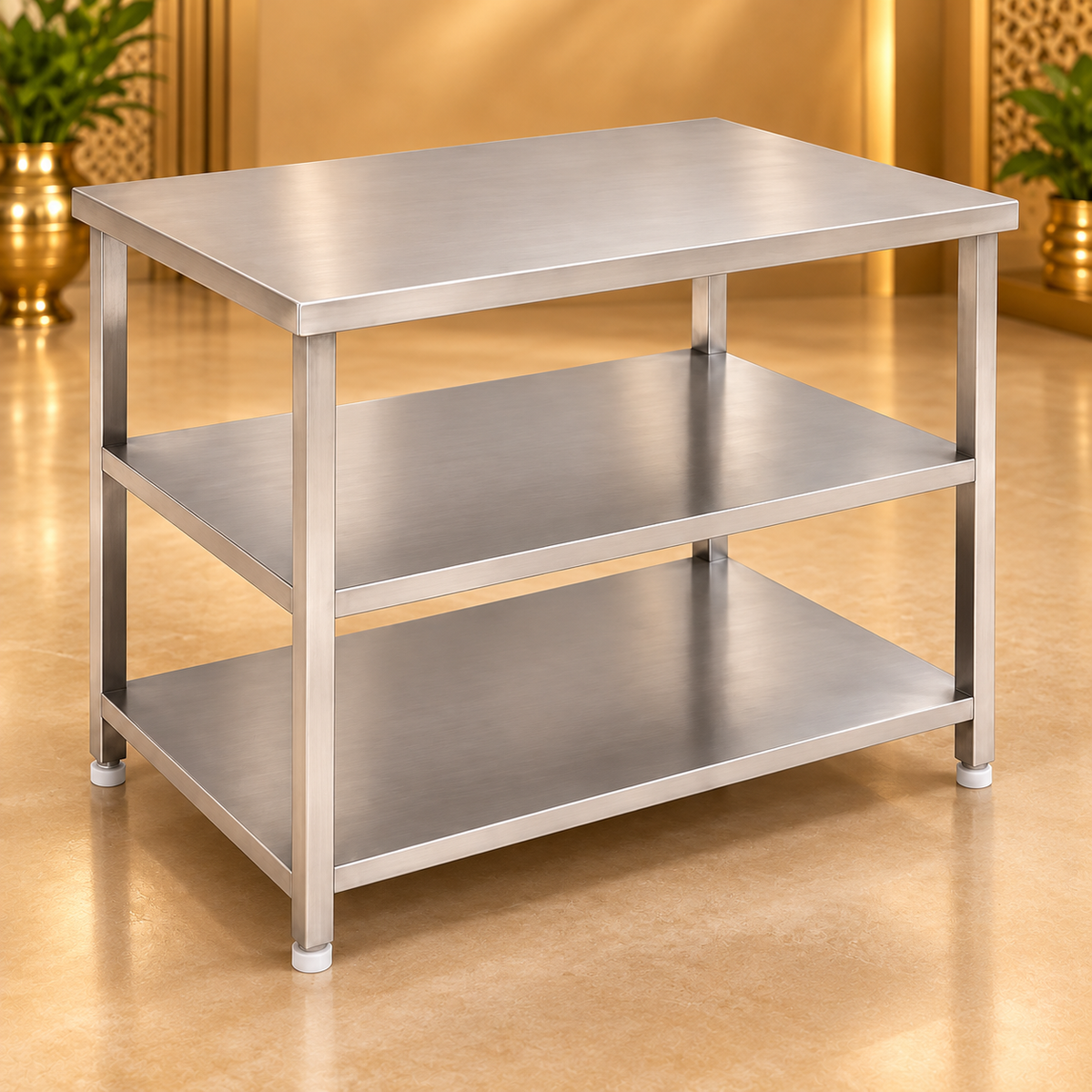 Gurubhai Equipments SS 3-Tier Kitchen Service Table – Front View
