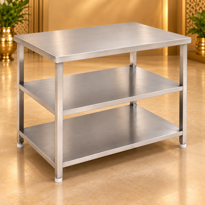 Gurubhai Equipments SS 3-Tier Kitchen Service Table – Front View