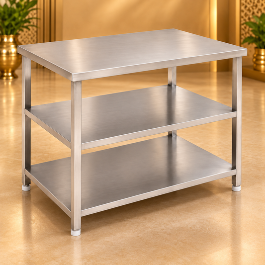 Gurubhai Equipments SS 3-Tier Kitchen Service Table – Front View