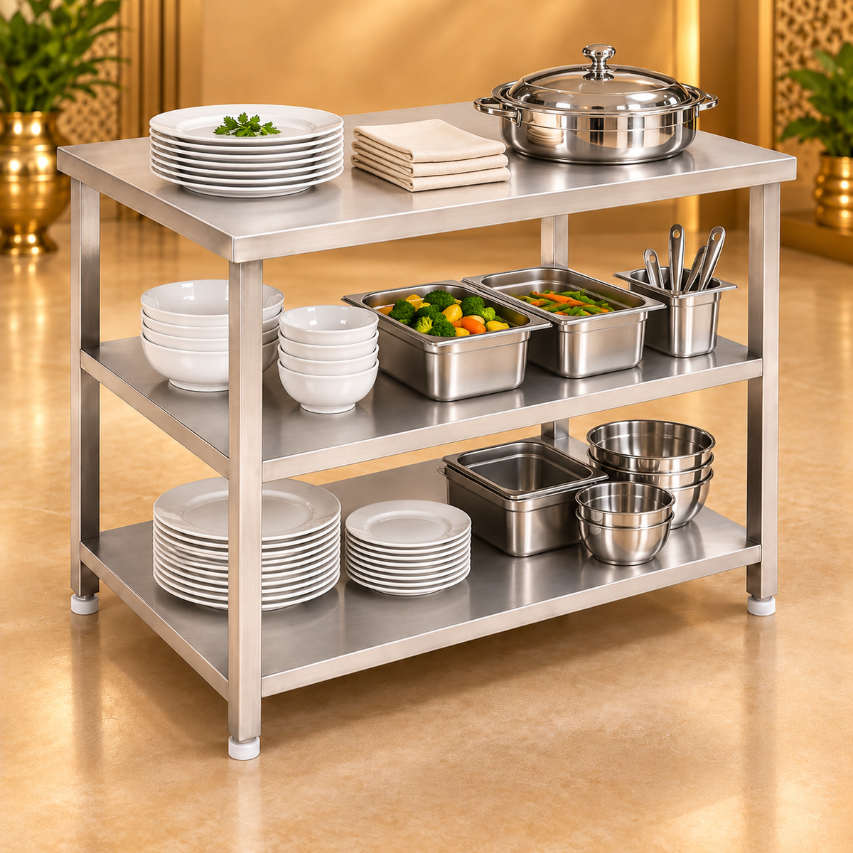 Gurubhai Equipments SS 3-Tier Kitchen Service Table – In Use
