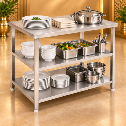 Gurubhai Equipments SS 3-Tier Kitchen Service Table – In Use