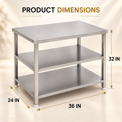 Gurubhai Equipments SS 3-Tier Kitchen Service Table – Dimensions