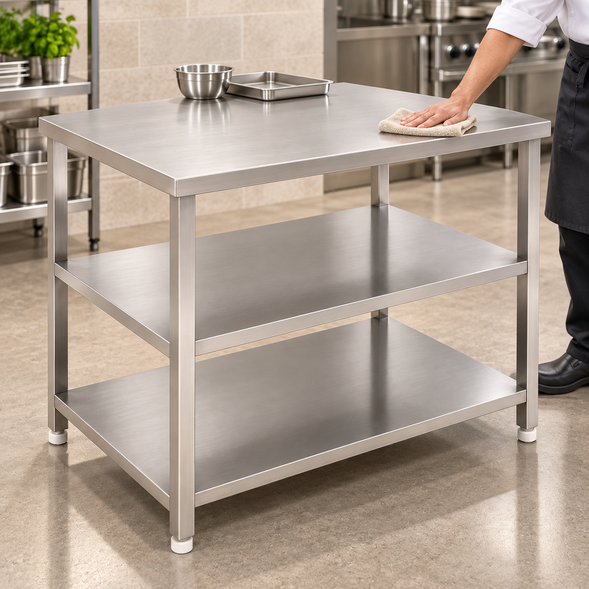 Gurubhai Equipments SS 3-Tier Kitchen Service Table – Close-up