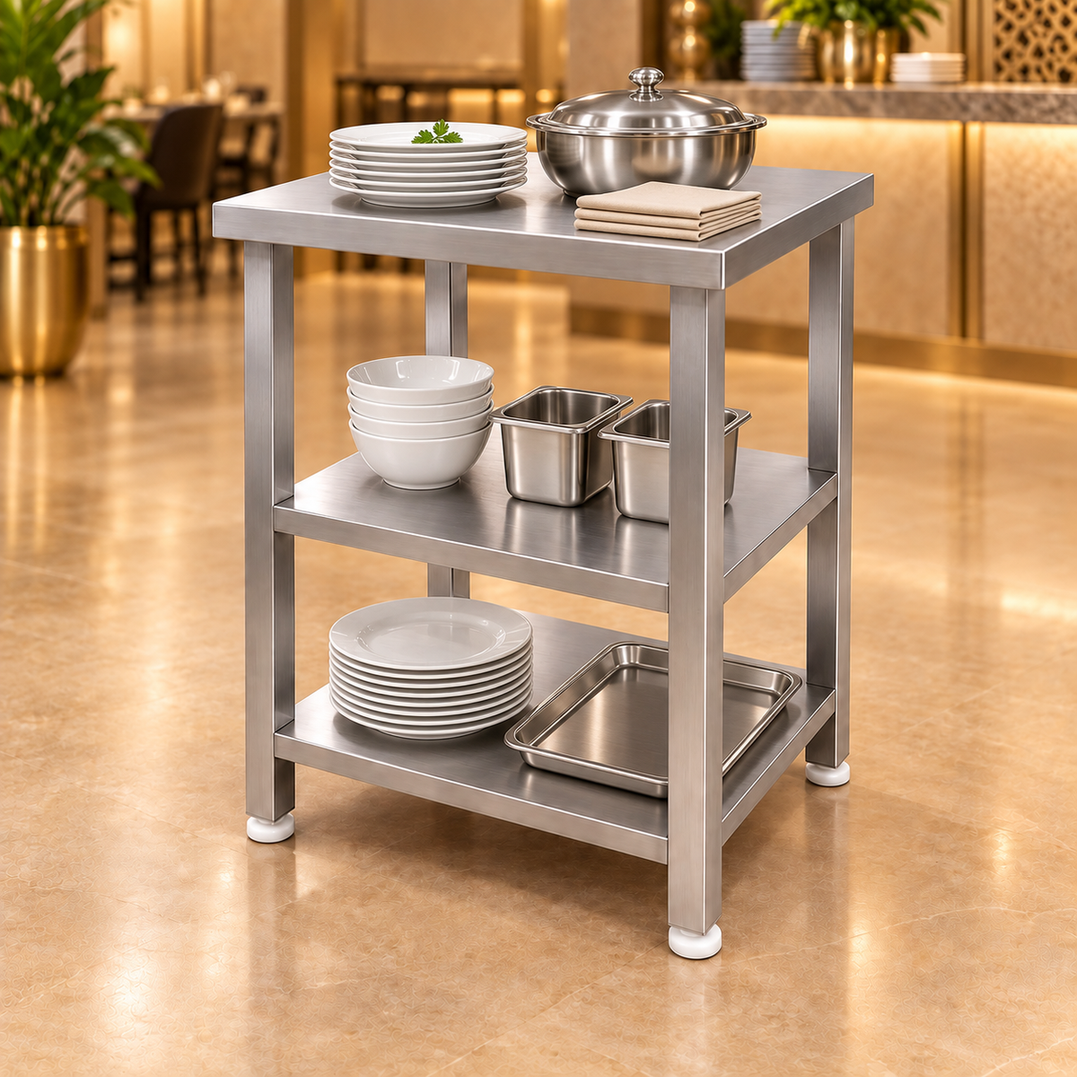 Gurubhai Equipments SS 3-Tier Service Table – In Use