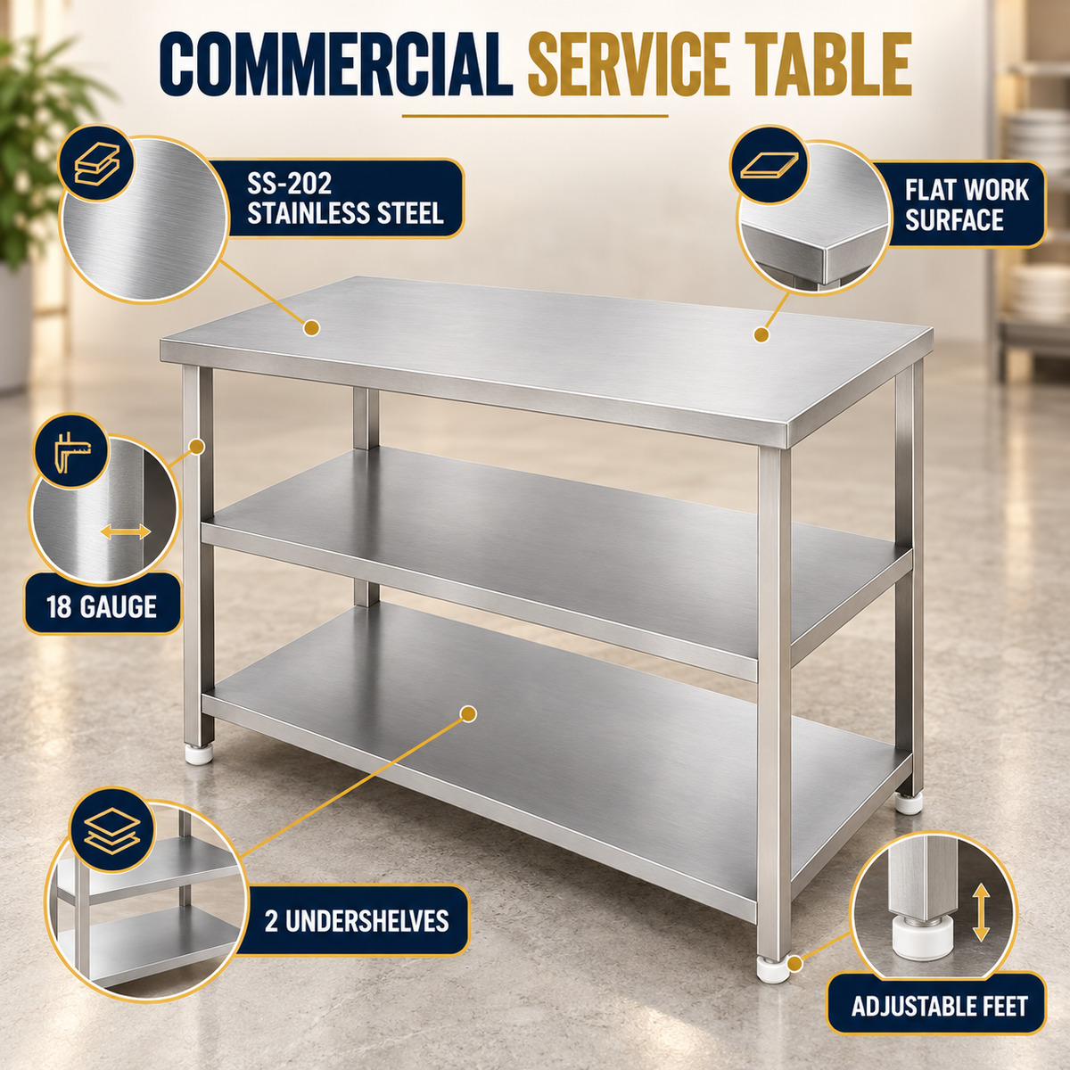 Gurubhai Equipments SS 3-Tier Service Table – Features
